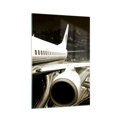 Cuadro sobre vidrio - Impresiones sobre Vidrio - Un avión sobre una ciudad nocturna con carreteras iluminadas. - 70x100cm - Vuela hacia la noche - Decoración de pared moderna para salón y dormitorio ARTTOR