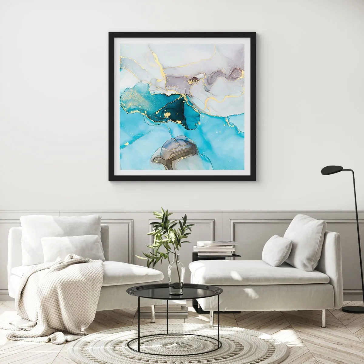 Póster en marco negro - Un estudio del encuentro entre el gris y el turquesa - 30x30 cm