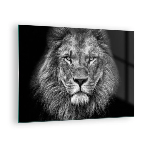 Cuadro sobre vidrio - Impresiones sobre Vidrio - Retrato de un león en blanco y negro con una melena majestuosa - 70x50cm - Con el atuendo de la coronación - Decoración de pared moderna para salón y dormitorio ARTTOR