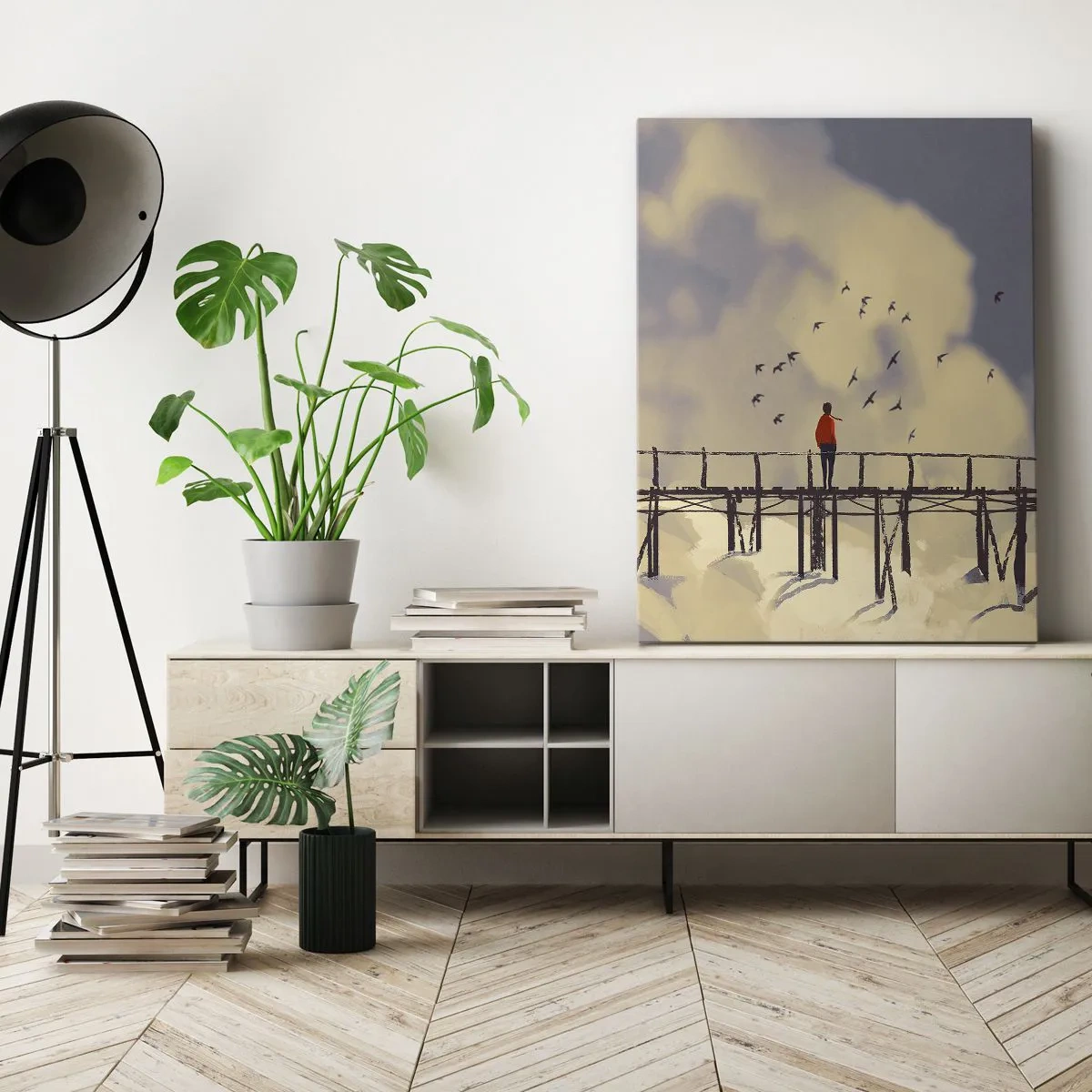 Cuadro sobre lienzo - Impresión de Imagen - Una figura en un puente entre nubes con pájaros en el cielo. - 50x70cm - Anhelo azul - Decoración de pared moderna para salón y dormitorio ARTTOR