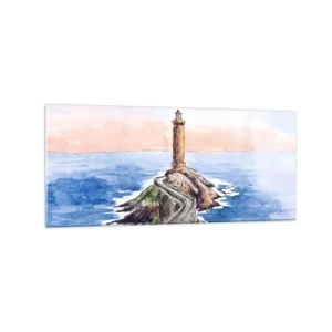 Cuadro sobre vidrio - Impresiones sobre Vidrio - Un faro en una costa rocosa - 120x50cm - Frente al mar - Decoración de pared moderna para salón y dormitorio ARTTOR
