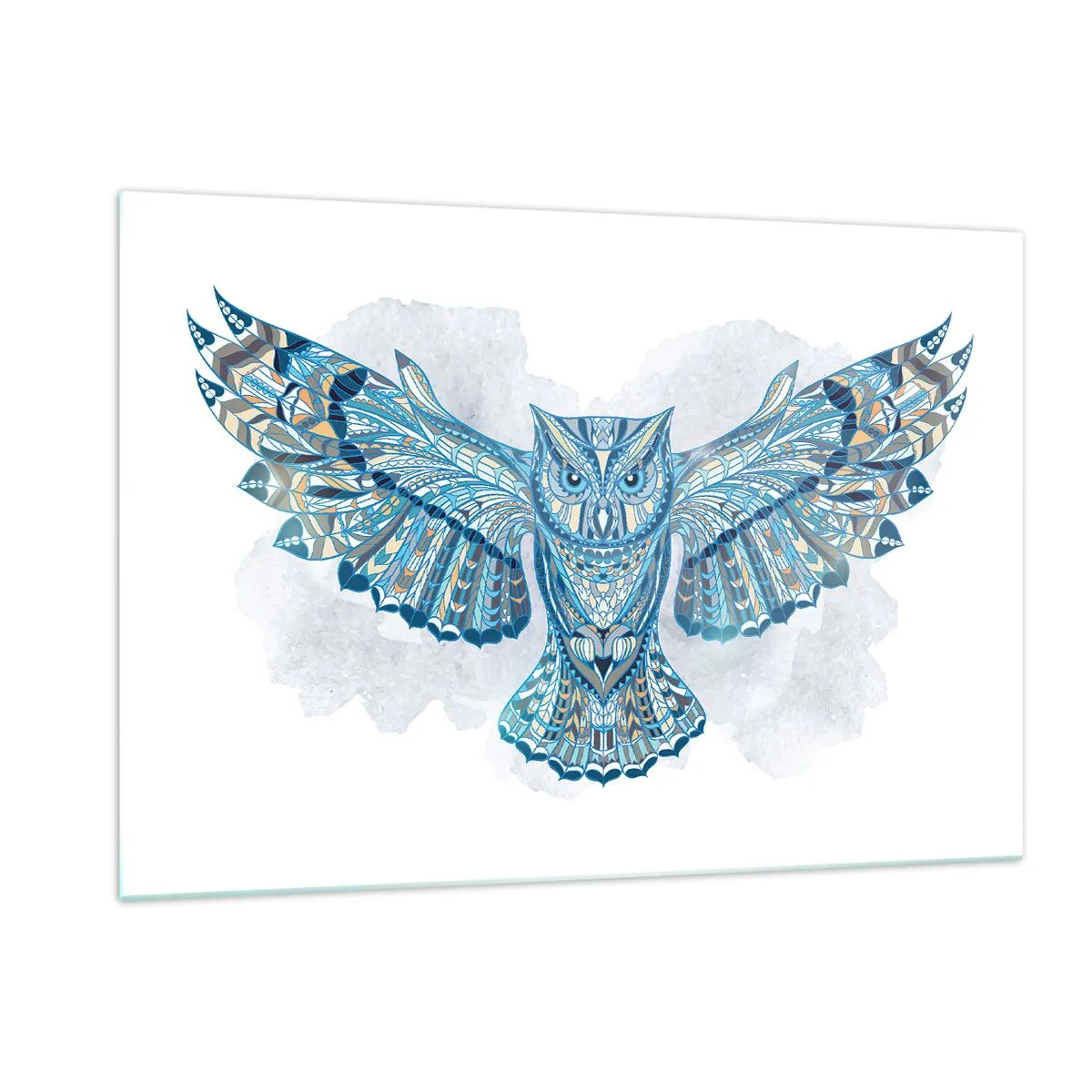 Cuadro sobre vidrio - Impresiones sobre Vidrio - Búho azul con alas extendidas en estilo geométrico - 120x80cm - De una arboleda sagrada celta - Decoración de pared moderna para salón y dormitorio ARTTOR