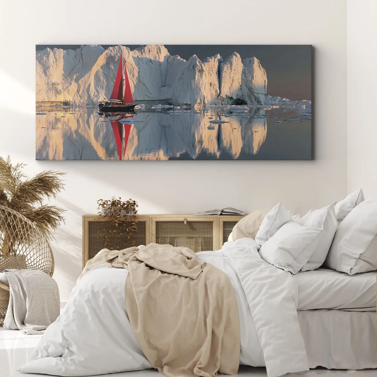 Cuadro sobre lienzo - Impresión de Imagen - Un velero con una vela roja con el fondo de un glaciar. - 140x50cm - En el límite del mundo - Decoración de pared moderna para salón y dormitorio ARTTOR