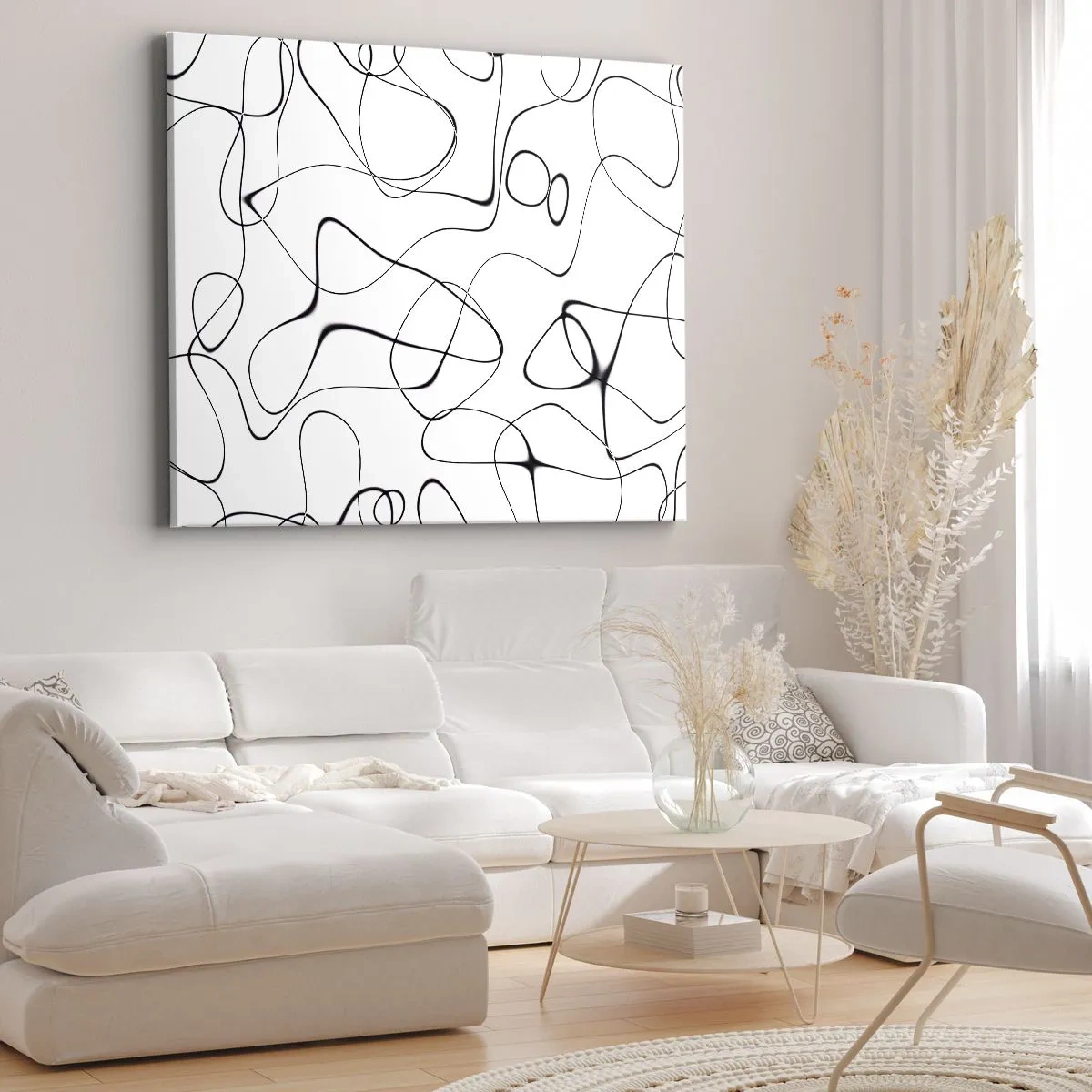 Cuadro sobre lienzo - Impresión de Imagen - Líneas negras abstractas sobre un fondo blanco en un estilo minimalista. - 70x50cm - Los caminos de la vida, las vicisitudes del destino - Decoración de pared moderna para salón y dormitorio ARTTOR