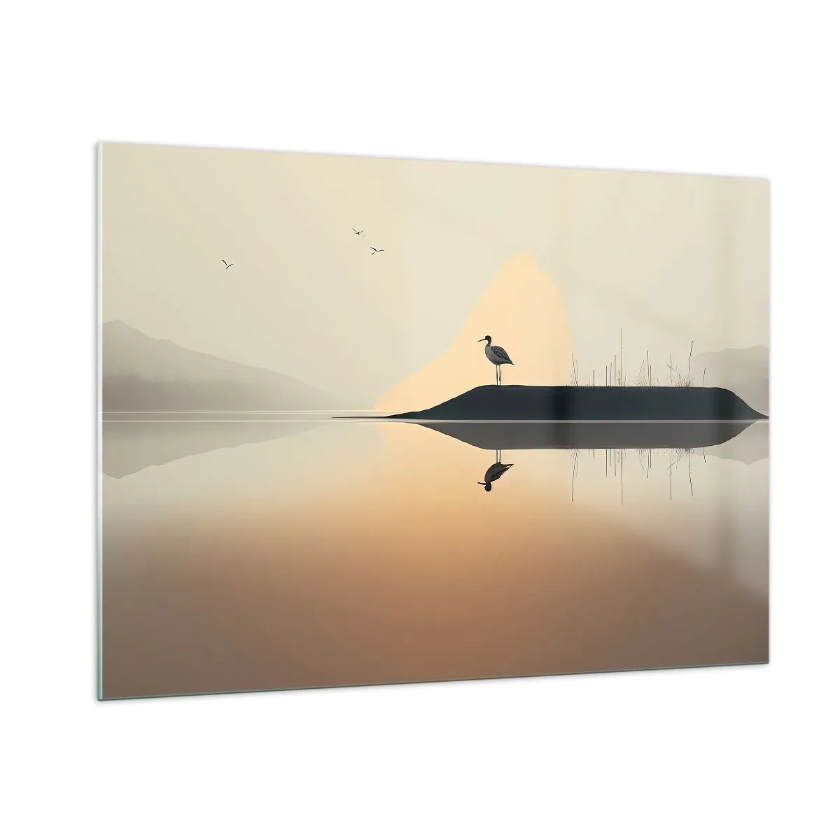 Cuadro sobre vidrio - Impresiones sobre Vidrio - Una garza parada en una isla en las tranquilas aguas de un lago. - 100x70cm - Un caballero en el lago - Decoración de pared moderna para salón y dormitorio ARTTOR