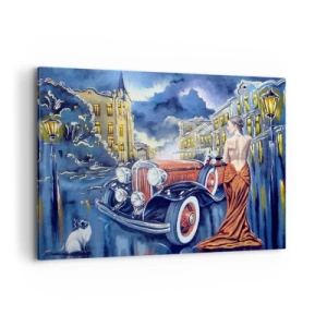 Cuadro sobre lienzo - Impresión de Imagen - Una mujer con un vestido elegante junto a un coche retro por la noche. - 100x70cm - Noche de romanticismo - Decoración de pared moderna para salón y dormitorio ARTTOR