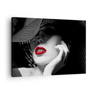 Cuadro sobre lienzo - Impresión de Imagen - Retrato en blanco y negro de una mujer con labios rojos. - 70x50cm - Estudio en escarlata - Decoración de pared moderna para salón y dormitorio ARTTOR