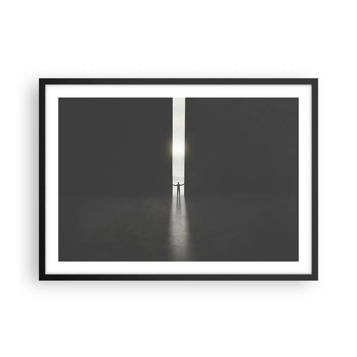 Póster en marco negro - Un hombre de pie a la luz de una estrecha rendija en un espacio oscuro. - 70x50cm - Un paso hacia un futuro brillante - Decoración de pared moderna para salón y dormitorio ARTTOR