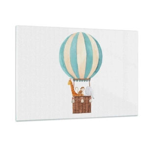 Cuadro sobre vidrio - Impresiones sobre Vidrio - Un globo con una jirafa, un mono y un elefante sobre un fondo blanco. - 120x80cm - Viaje fantástico - Decoración de pared moderna para salón y dormitorio ARTTOR