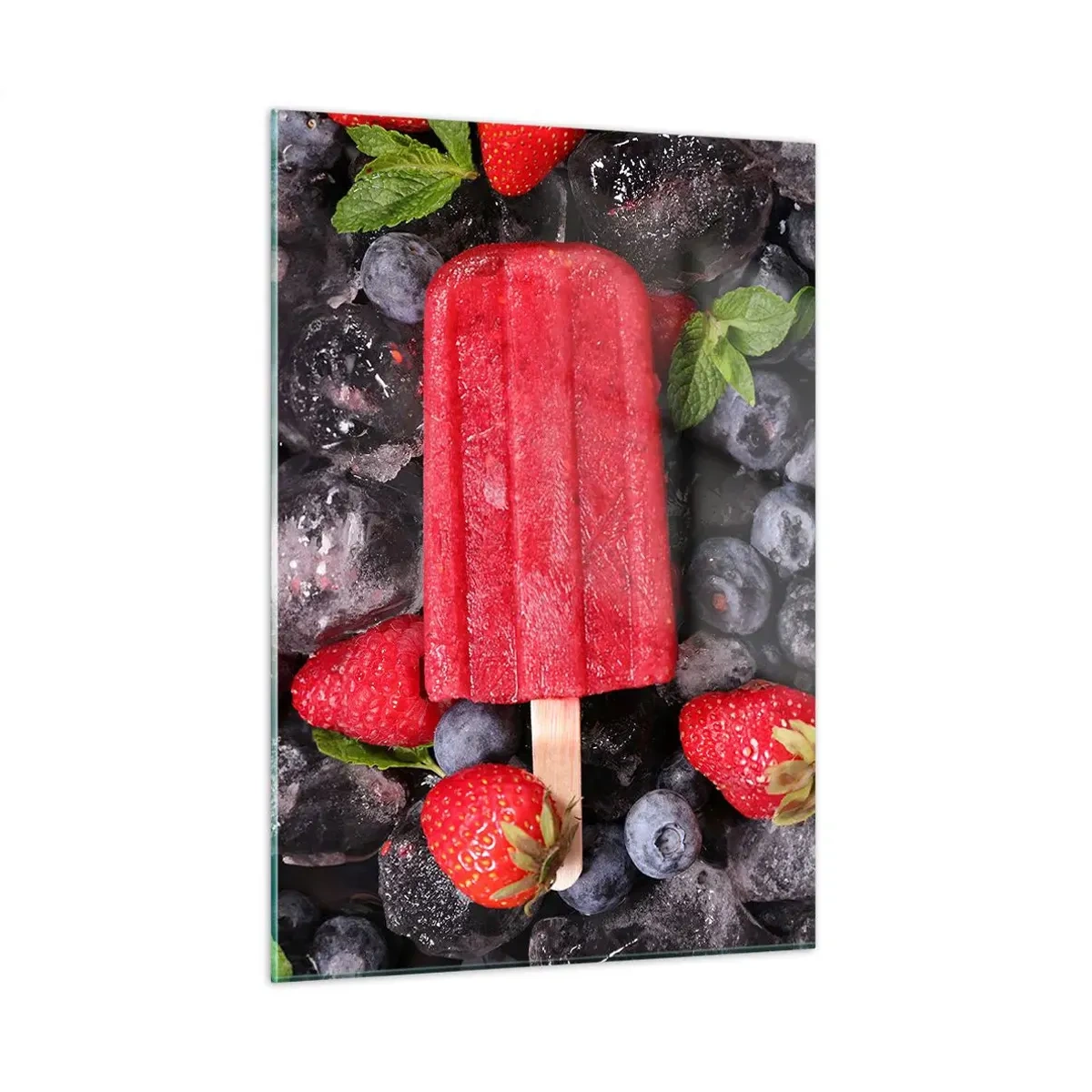 Cuadro sobre vidrio - Impresiones sobre Vidrio - Un palito de hielo entre fruta congelada y hojas de menta. - 50x70cm - El sabor del verano caluroso - Decoración de pared moderna para salón y dormitorio ARTTOR
