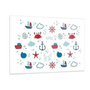 Cuadro sobre vidrio - Impresiones sobre Vidrio - Patrones náuticos con cangrejos, anclas y barcos. - 120x80cm - Un cuento de mar - Decoración de pared moderna para salón y dormitorio ARTTOR