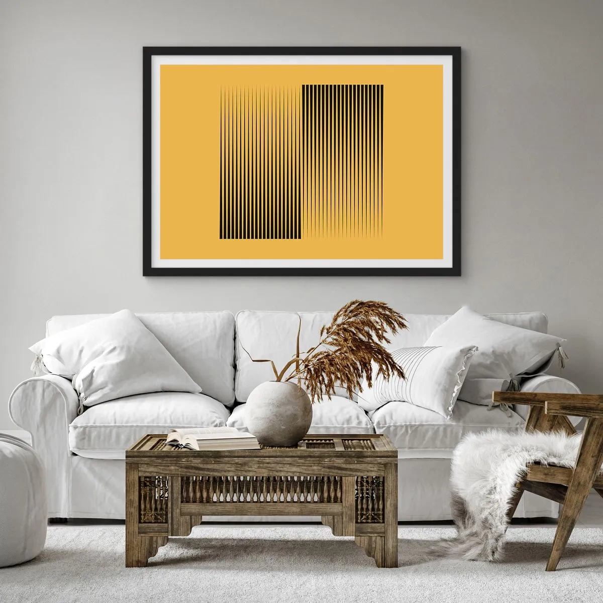 Póster en marco negro - Líneas negras verticales sobre un fondo amarillo - 70x50cm - Cuadrado de opuestos - Decoración de pared moderna para salón y dormitorio ARTTOR