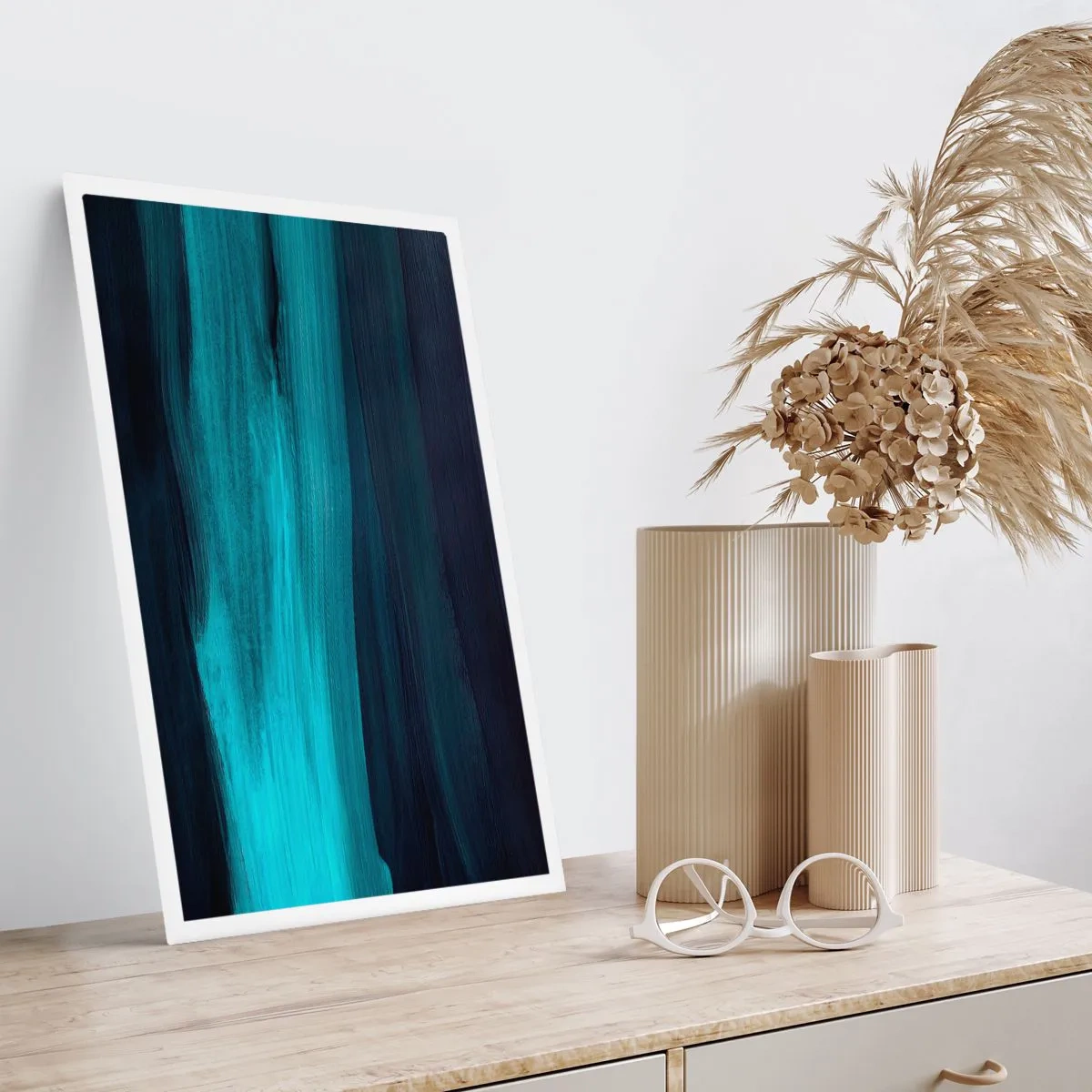 Póster - Una composición abstracta en tonos negros y turquesas. - 50x70cm - Nadar con la corriente - Decoración de pared moderna para salón y dormitorio ARTTOR