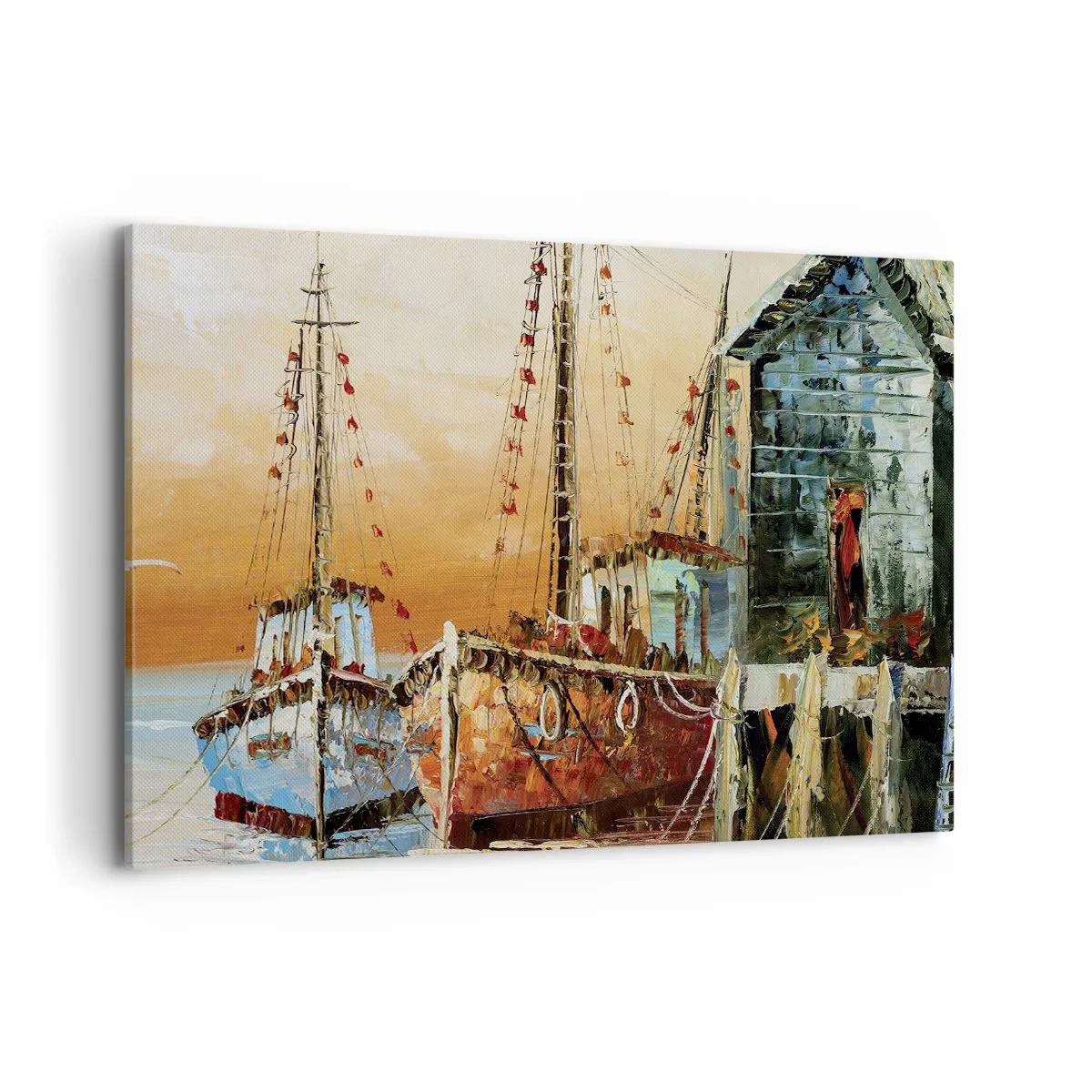 Cuadro sobre lienzo - Impresión de Imagen - Barcos en la orilla bajo la cálida luz del atardecer. - 120x80cm - Regreso pacífico - Decoración de pared moderna para salón y dormitorio ARTTOR