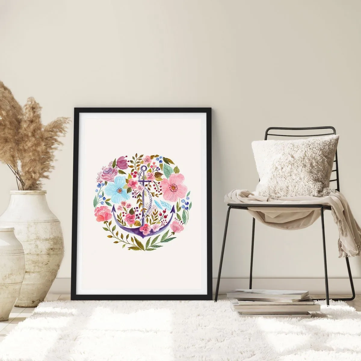 Póster en marco negro - Un ancla de acuarela rodeada de flores sobre un fondo claro. - 50x70cm - El sueño reparador de un marinero - Decoración de pared moderna para salón y dormitorio ARTTOR