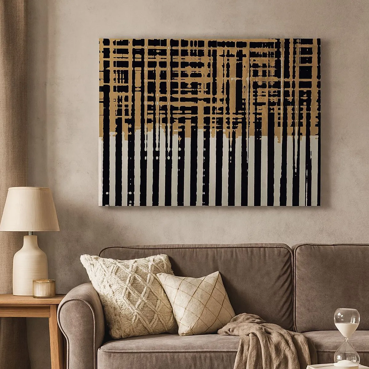 Cuadro sobre lienzo - Impresión de Imagen - Líneas abstractas en negro, beige y blanco. - 70x50cm - Abstracción arquitectónica - Decoración de pared moderna para salón y dormitorio ARTTOR