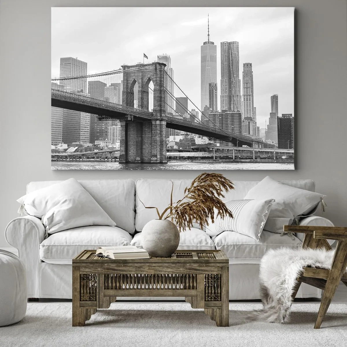 Cuadro sobre lienzo - Impresión de Imagen - Puente de Brooklyn con rascacielos de Nueva York al fondo - 100x70cm - Vibraciones de Nueva York - Decoración de pared moderna para salón y dormitorio ARTTOR