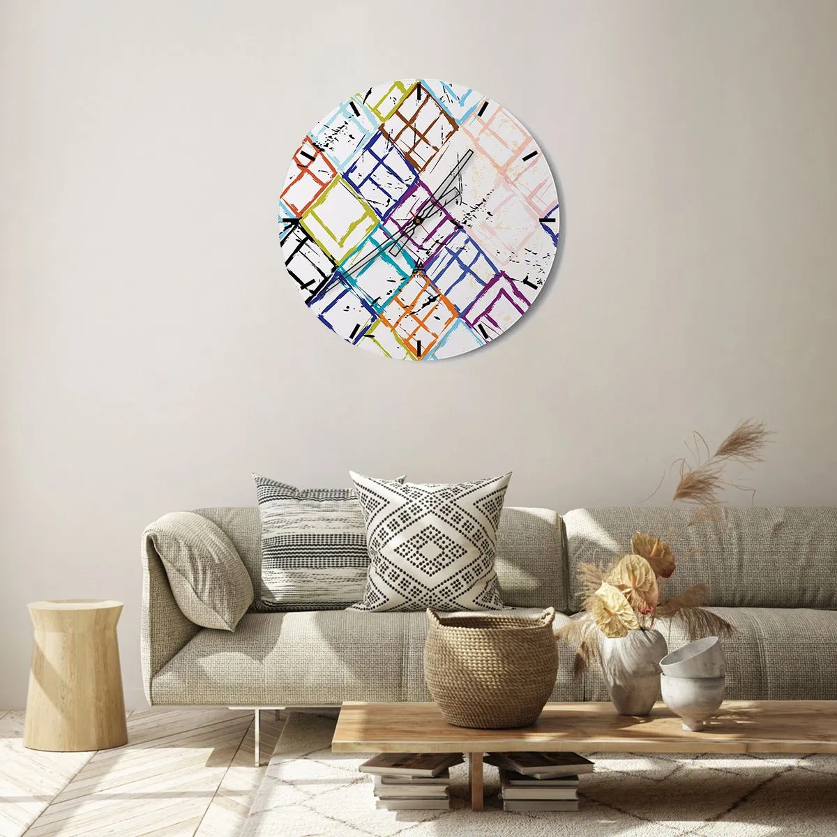 Reloj de pared - Reloj de vidrio - Líneas abstractas coloridas que forman formas geométricas - 30x30cm - Habitáculos en alquiler - Decoración de pared moderna para salón, cocina y dormitorio ARTTOR