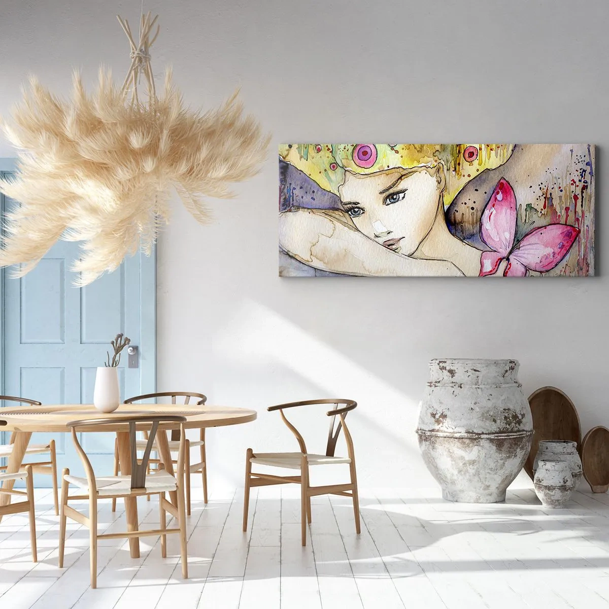 Cuadro sobre lienzo - Impresión de Imagen - Una mujer con un peinado abstracto y una mariposa rosa. - 140x50cm - Una princesa mariposa - Decoración de pared moderna para salón y dormitorio ARTTOR