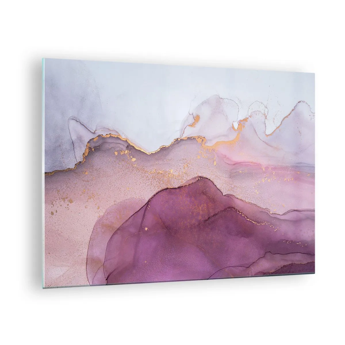 Cuadro sobre vidrio - Impresiones sobre Vidrio - Ondas abstractas en tonos morados con acentos dorados. - 70x50cm - Olas de lila y púrpura - Decoración de pared moderna para salón y dormitorio ARTTOR