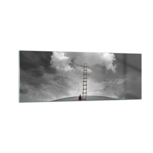 Cuadro sobre vidrio - Impresiones sobre Vidrio - Una persona con un abrigo rojo y una escalera que conduce a una nube. - 140x50cm - Todo es posible - Decoración de pared moderna para salón y dormitorio ARTTOR