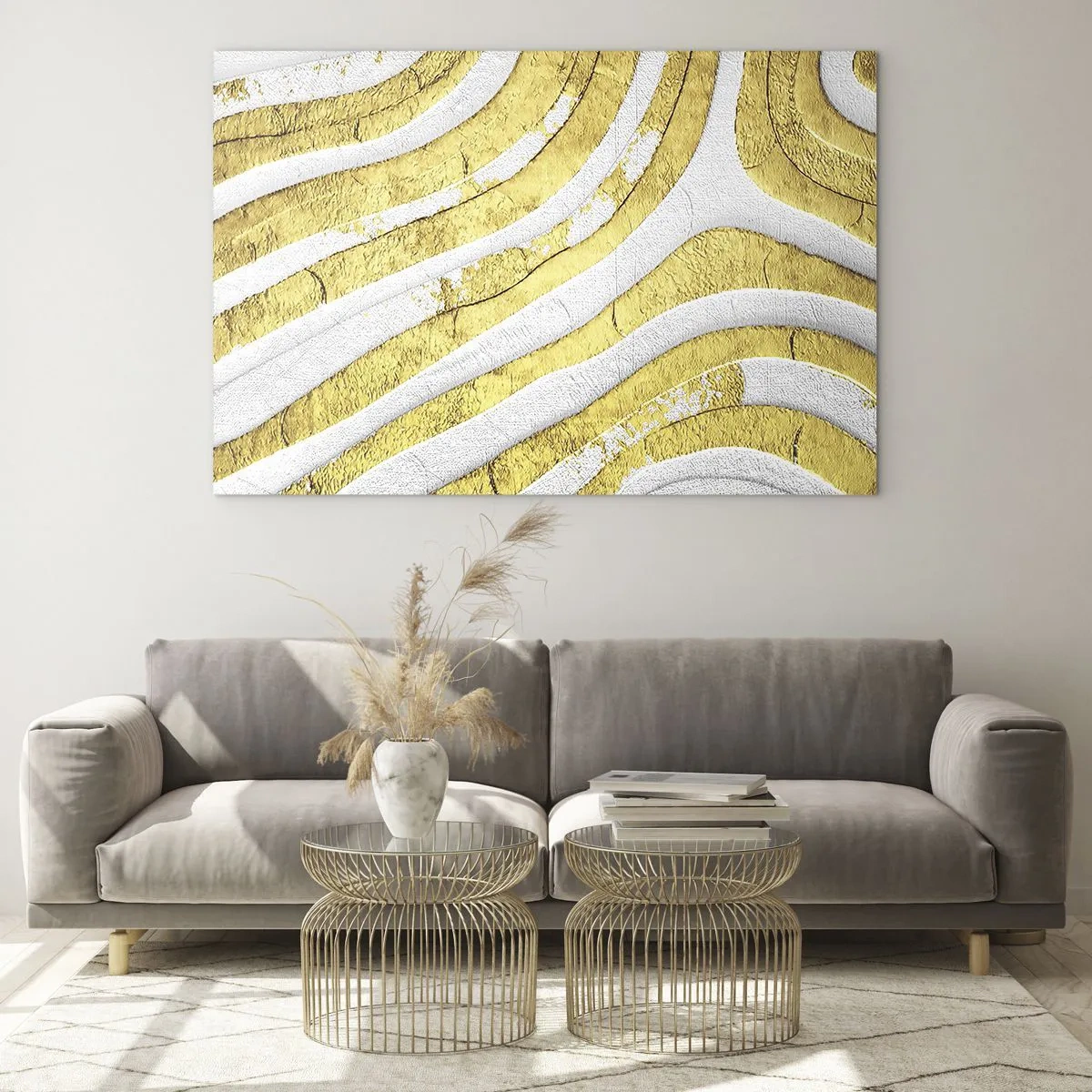 Cuadro sobre vidrio - Impresiones sobre Vidrio - Ondas abstractas doradas y blancas con efecto textural - 70x50cm - Una composición en blanco y oro - Decoración de pared moderna para salón y dormitorio ARTTOR