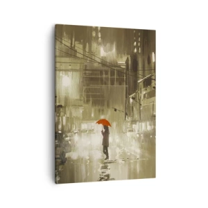 Cuadro sobre lienzo - Impresión de Imagen - Una figura con un paraguas rojo en una ciudad lluviosa. - 50x70cm - Soledad en la urbe - Decoración de pared moderna para salón y dormitorio ARTTOR