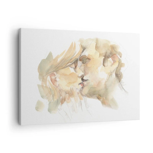 Cuadro sobre lienzo - Impresión de Imagen - Retrato romántico en acuarela de una pareja besándose. - 70x50cm - ¿La media naranja encontrada? - Decoración de pared moderna para salón y dormitorio ARTTOR