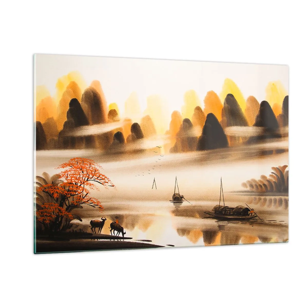 Cuadro sobre vidrio - Impresiones sobre Vidrio - Paisaje oriental con barcos y montañas en la niebla. - 120x80cm - Más allá del Lejano Oriente - Decoración de pared moderna para salón y dormitorio ARTTOR