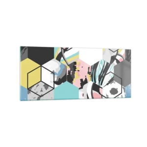 Cuadro sobre vidrio - Impresiones sobre Vidrio - Patrón hexagonal geométrico con detalles abstractos coloridos - 120x50cm - Hexágonos y cubos en seis colores - Decoración de pared moderna para salón y dormitorio ARTTOR