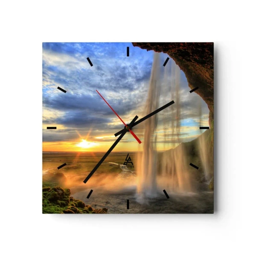 Reloj de pared - Reloj de vidrio - Una cascada iluminada por la luz del sol con un paisaje como telón de fondo. - 30x30cm - El mundo tras el velo de las gotas - Decoración de pared moderna para salón y dormitorio ARTTOR