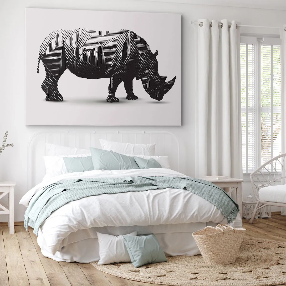 Cuadro sobre lienzo - Impresión de Imagen - Silueta gráfica de un rinoceronte en un patrón en blanco y negro. - 70x50cm - La belleza geométrica de la naturaleza - Decoración de pared moderna para salón y dormitorio ARTTOR