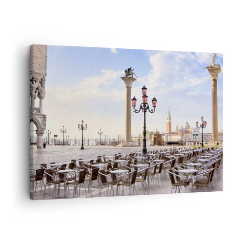 Cuadro sobre lienzo - Impresión de Imagen - Venecia, vista de la plaza con columnas y mesas de café. - 70x50cm - Vamos, todo está listo - Decoración de pared moderna para salón y dormitorio ARTTOR