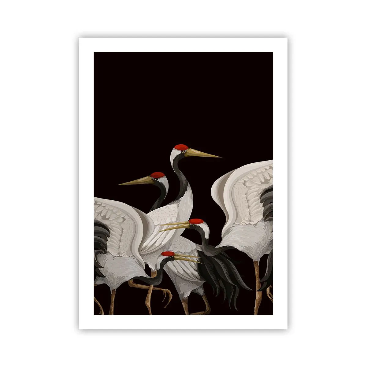 Póster - Grúas elegantes sobre un fondo oscuro en estilo oriental. - 50x70cm - Asuntos de aves - Decoración de pared moderna para salón y dormitorio ARTTOR