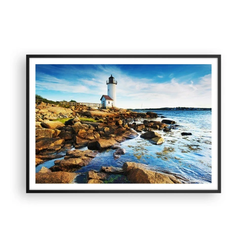 Póster en marco negro - Un faro en una costa rocosa en un día soleado. - 100x70cm - Esperando vuestro regreso - Decoración de pared moderna para salón y dormitorio ARTTOR