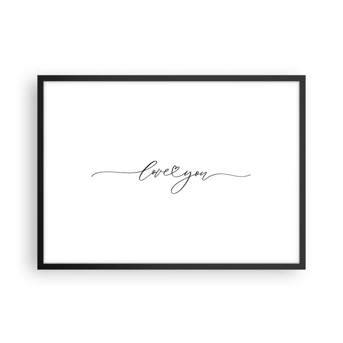 Póster en marco negro - La inscripción "Te amo" en una fuente elegante. - 70x50cm - Negro sobre blanco - Decoración de pared moderna para salón y dormitorio ARTTOR