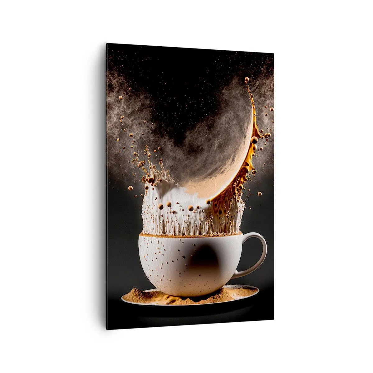 Cuadro sobre lienzo - Impresión de Imagen - Una taza de café con una explosión dinámica de líquido sobre un fondo negro. - 80x120cm - Una explosión de sabor - Decoración de pared moderna para salón y dormitorio ARTTOR
