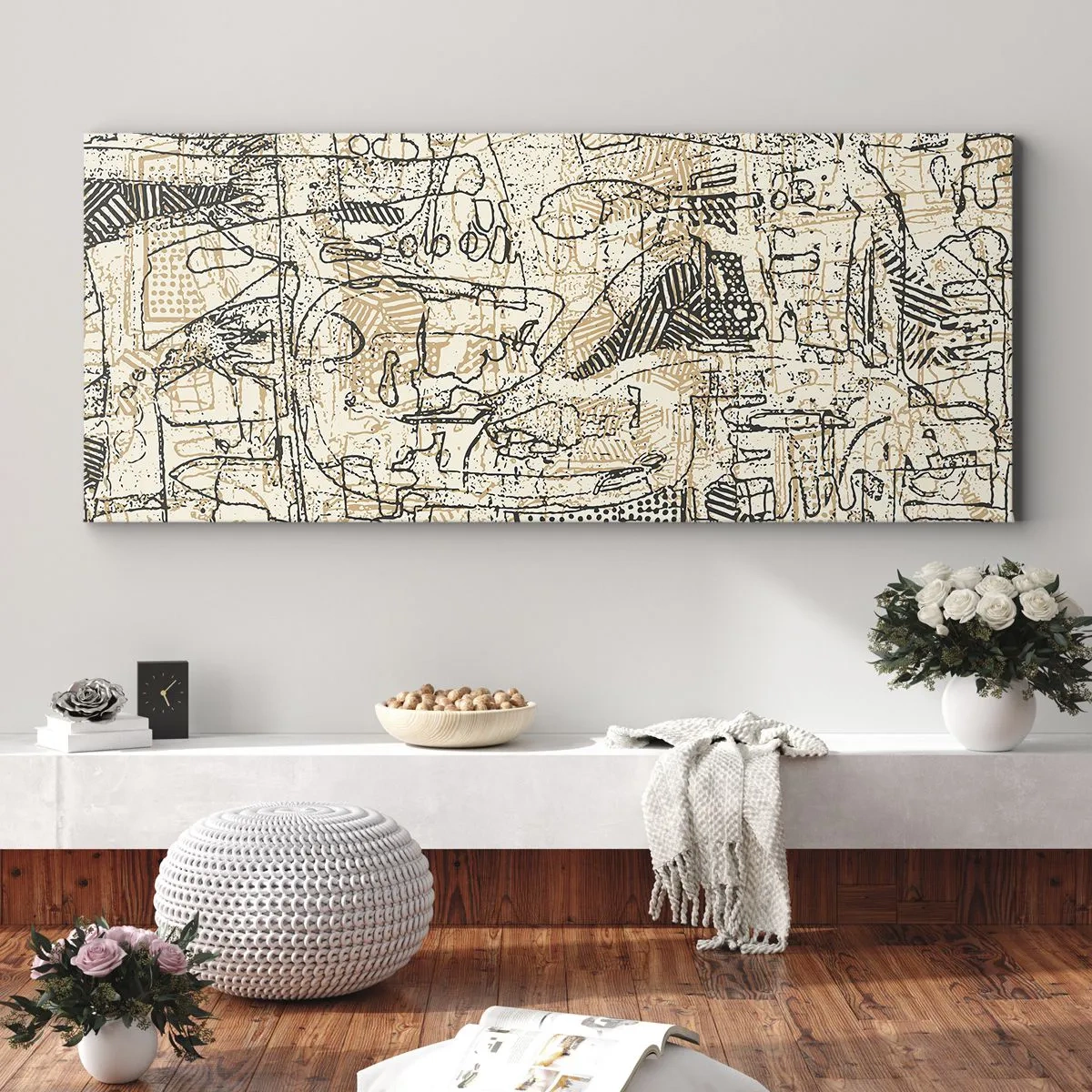 Cuadro sobre lienzo - Impresión de Imagen - Patrones y líneas abstractas sobre un fondo beige - 160x50cm - A la espera de ser descifrado - Decoración de pared moderna para salón y dormitorio ARTTOR