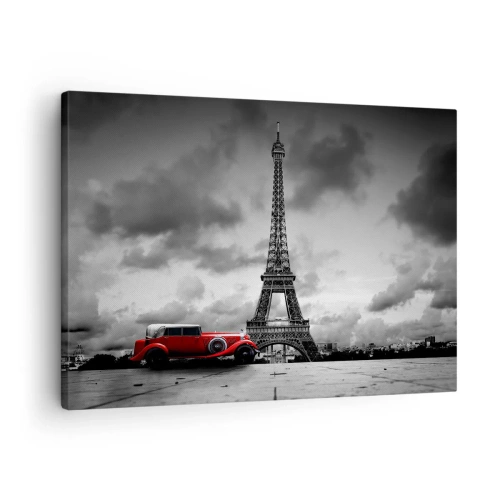 Cuadro sobre lienzo - Impresión de Imagen - Coche retro rojo frente a la Torre Eiffel en blanco y negro - 70x50cm - No hace mucho tiempo, en París - Decoración de pared moderna para salón y dormitorio ARTTOR