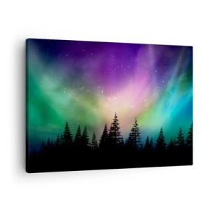 Cuadro sobre lienzo - Impresión de Imagen - Aurora boreal sobre un bosque con cielo estrellado - 70x50cm - Magia blanca - Decoración de pared moderna para salón y dormitorio ARTTOR