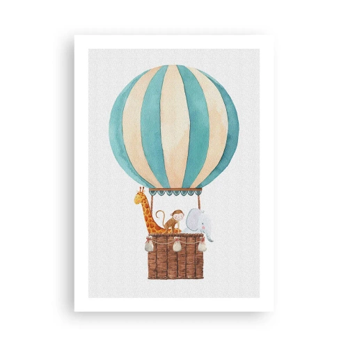 Póster - Ilustración de acuarela de un globo aerostático con lindos animales. - 50x70cm - Viaje fantástico - Decoración de pared moderna para salón y dormitorio ARTTOR