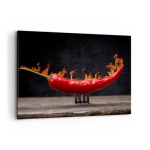 Cuadro sobre lienzo - Impresión de Imagen - Pimiento rojo flameado en un tenedor - 120x80cm - Un aperitivo ardiente - Decoración de pared moderna para salón y dormitorio ARTTOR