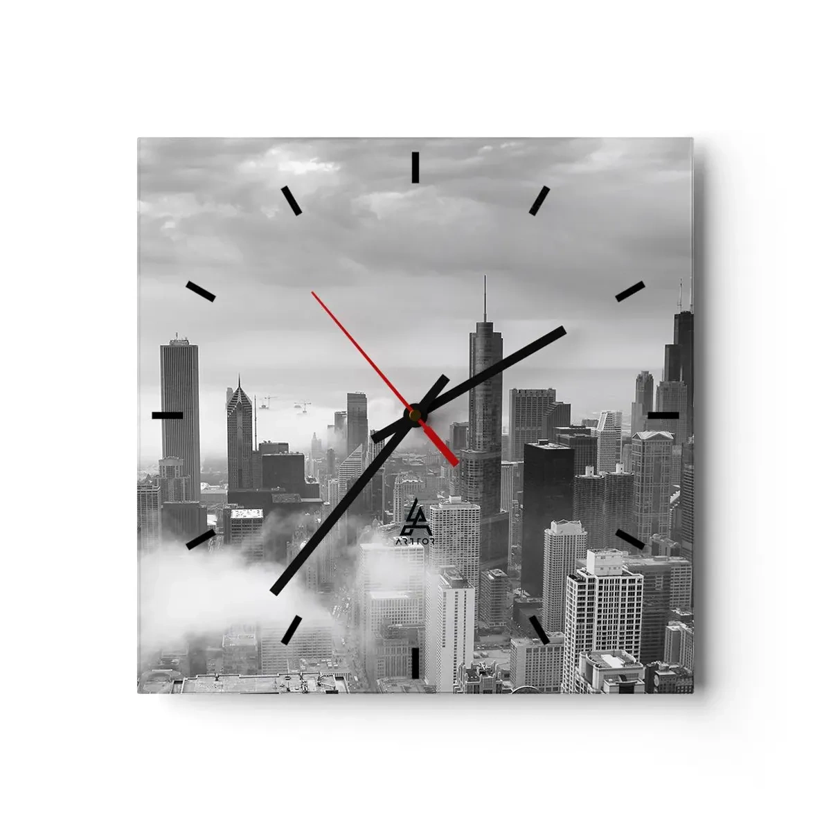 Reloj de pared - Reloj de vidrio - Panorama de la ciudad con rascacielos en las nubes en blanco y negro - 30x30cm - Paisaje americano - Decoración de pared moderna para salón y dormitorio ARTTOR