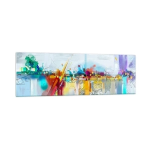 Cuadro sobre vidrio - Impresiones sobre Vidrio - Paisaje abstracto con acentos coloridos. - 160x50cm - Un puente de alegría sobre el río de la vida - Decoración de pared moderna para salón y dormitorio ARTTOR