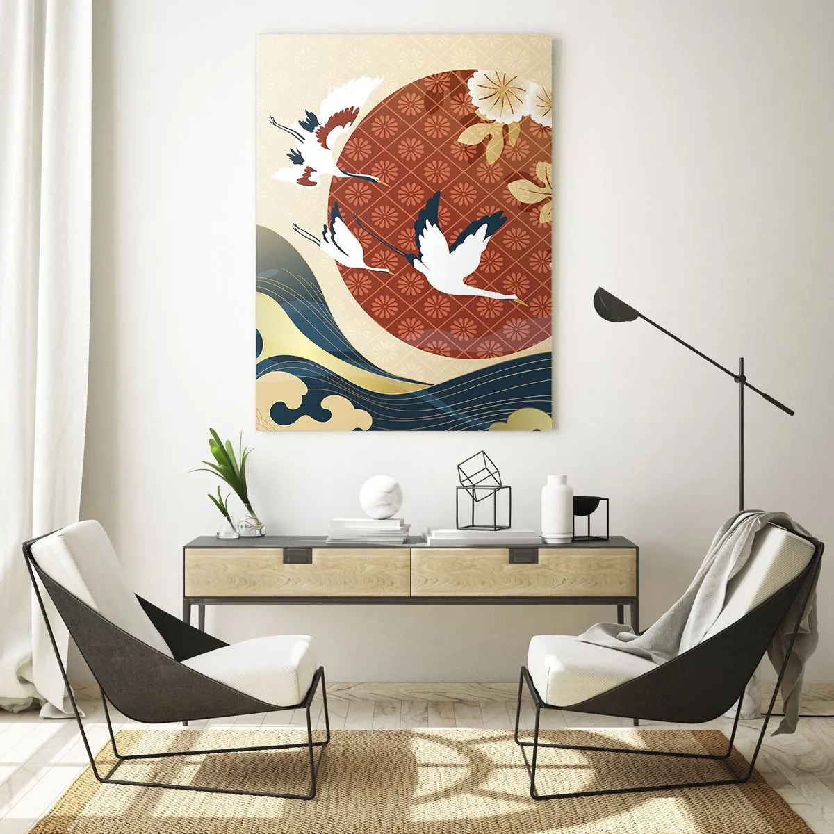 Cuadro sobre vidrio - Impresiones sobre Vidrio - Grúas japonesas sobre las olas contra un círculo rojo - 50x70cm - Un cuento de hadas japonés - Decoración de pared moderna para salón y dormitorio ARTTOR