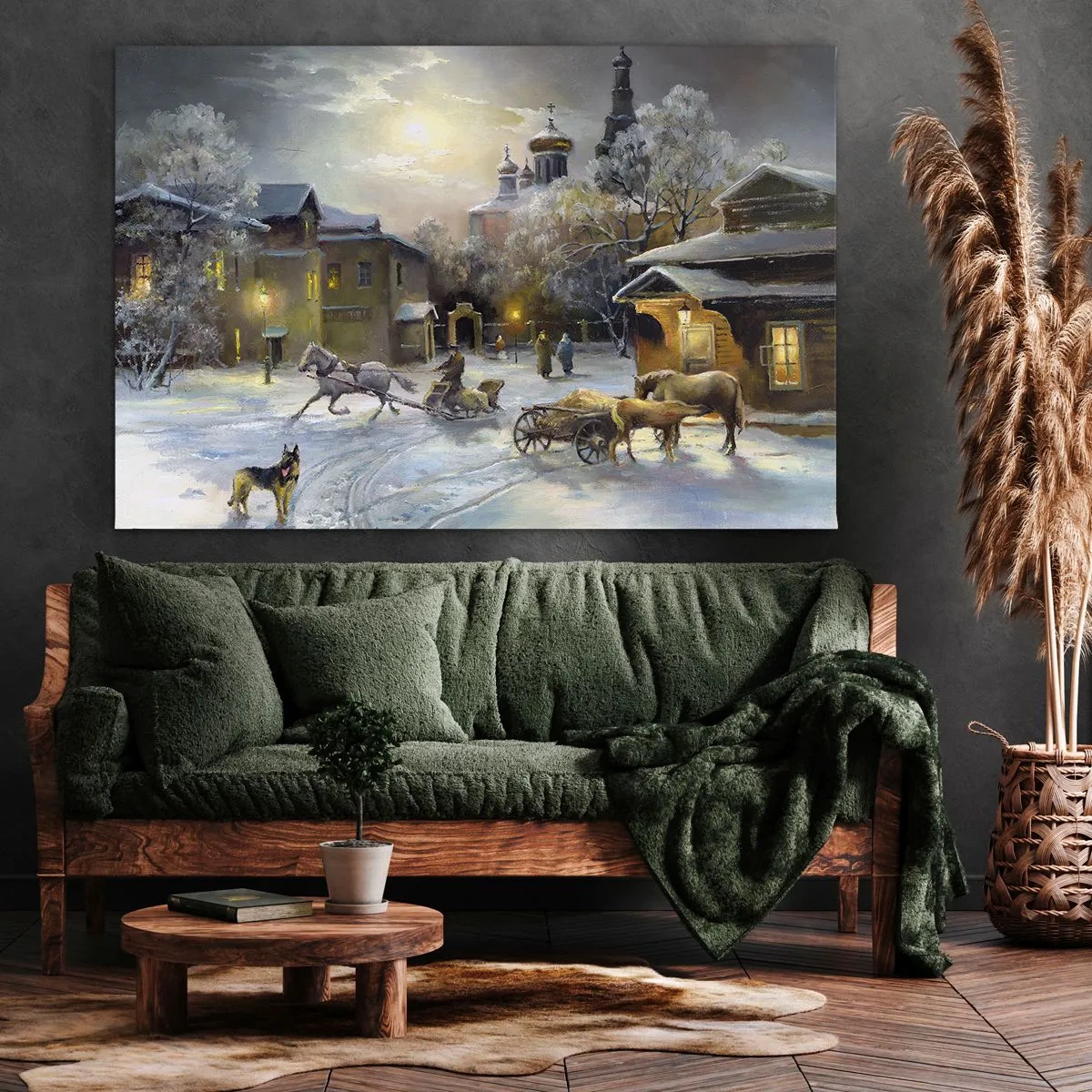 Cuadro sobre lienzo - Impresión de Imagen - Paisaje invernal en un pueblo ruso con un trineo y una iglesia. - 100x70cm - La magia de un invierno ruso - Decoración de pared moderna para salón y dormitorio ARTTOR