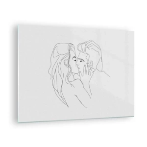 Cuadro sobre vidrio - Impresiones sobre Vidrio - Un dibujo minimalista de una pareja en un beso romántico. - 70x50cm - Alineados - Decoración de pared moderna para salón y dormitorio ARTTOR