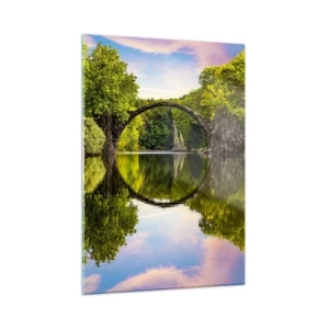 Cuadro sobre vidrio - Impresiones sobre Vidrio - Un puente de piedra reflejado en la tranquila superficie del lago. - 50x70cm - En el punto de encuentro de dos mundos - Decoración de pared moderna para salón y dormitorio ARTTOR
