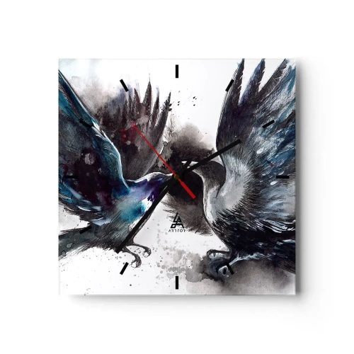 Reloj de pared - Reloj de vidrio - Cuervos artísticos en una composición dinámica de acuarela. - 30x30cm - De cuervo a cuervo... - Decoración de pared moderna para salón y dormitorio ARTTOR