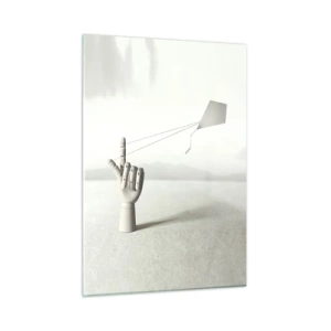 Cuadro sobre vidrio - Impresiones sobre Vidrio - Una mano de madera que sostiene una cometa flotante en su dedo. - 50x70cm - Una prueba de fuerza - Decoración de pared moderna para salón y dormitorio ARTTOR